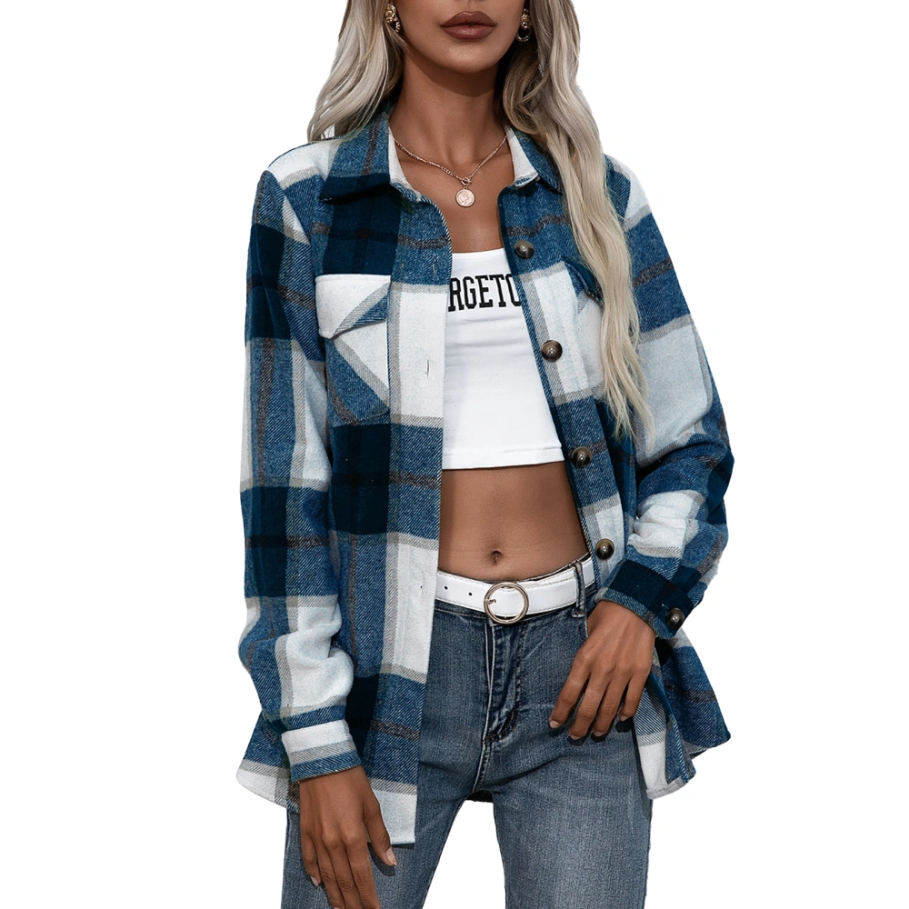 Women Plaid Jacket Autumn Winter Loose Casual Long Sleeve Turn Down Collar Button Closure Coat Outerwear Royalblue M