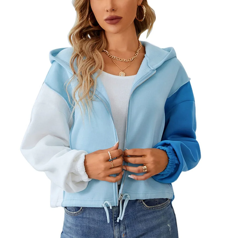 Hoodie Jacket Color Blocking Hooded Long Sleeve Zipper Elastic Cuffs Drawstring Plush Jacket for Women Blue L