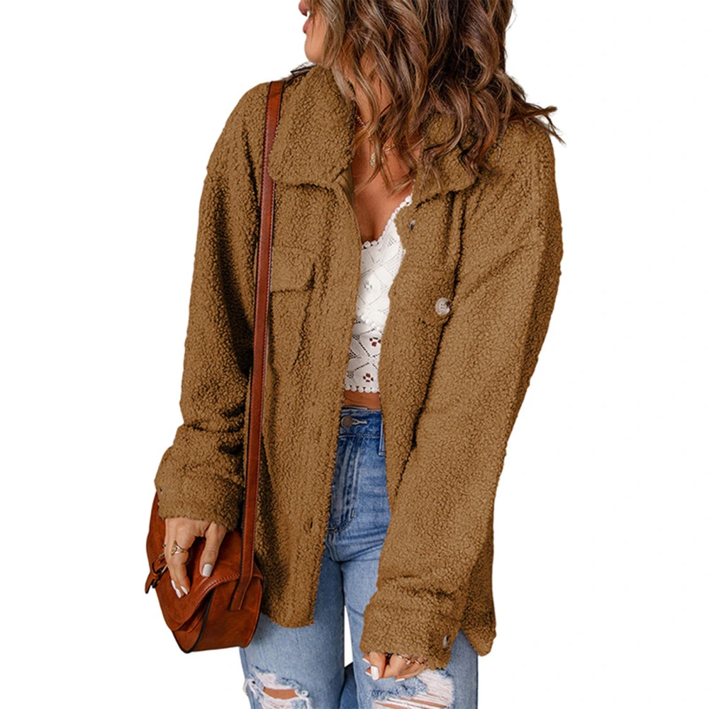 Jacket Coat Long Sleeve Lapel Pocket Button Pure Color Thick Casual Coat for Women Brown XL