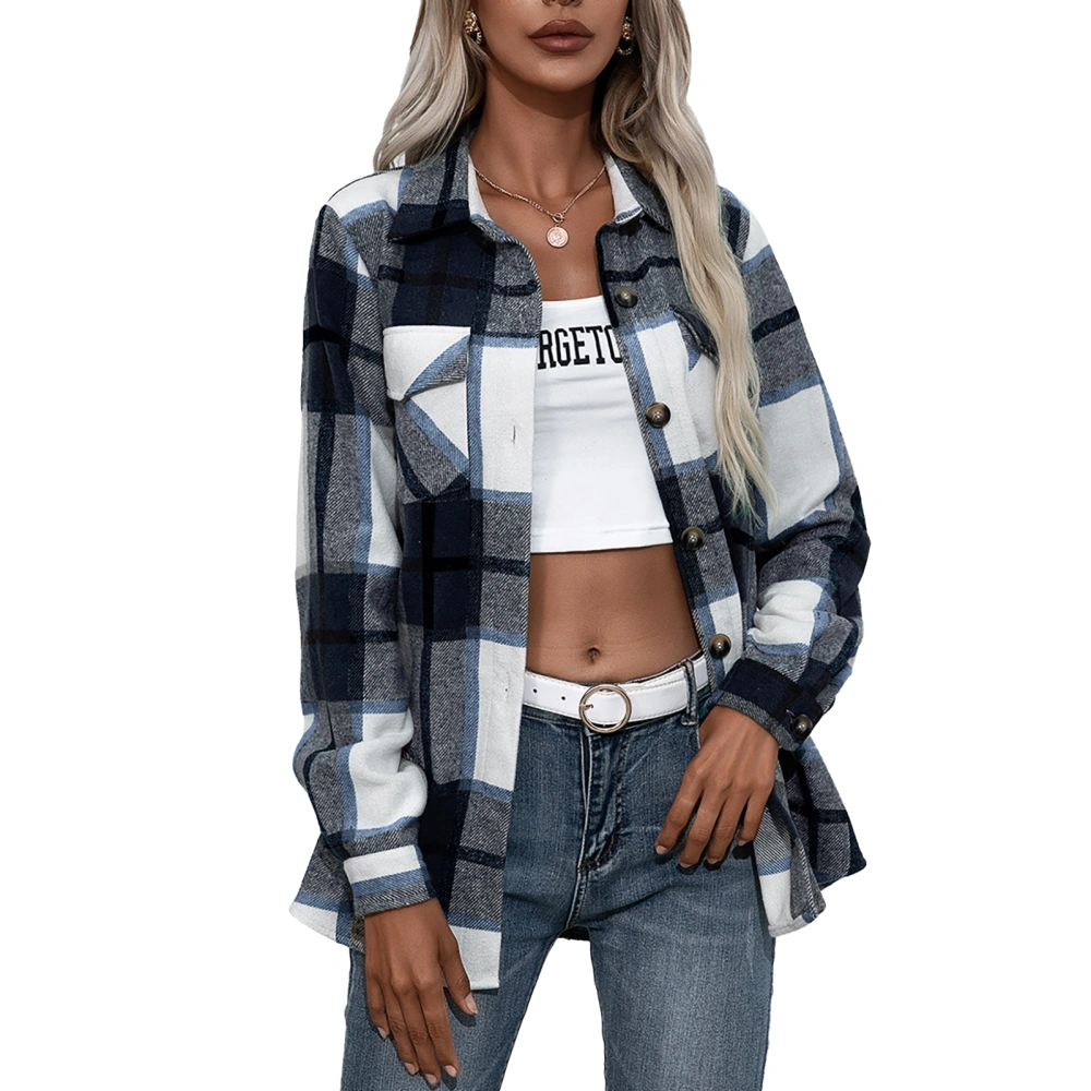 Women Plaid Jacket Autumn Winter Loose Casual Long Sleeve Turn Down Collar Button Closure Coat Outerwear Navy Blue M