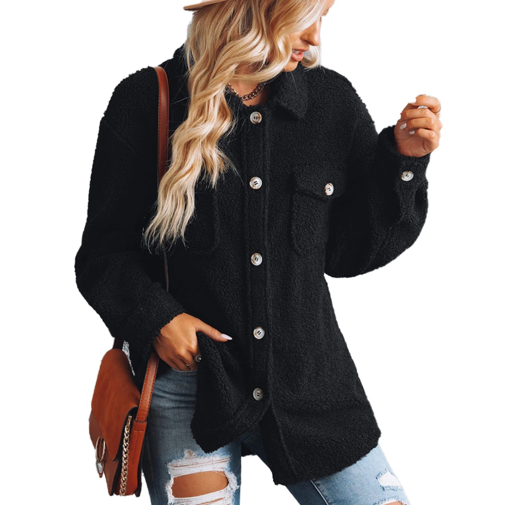 Jacket Coat Long Sleeve Lapel Pocket Button Pure Color Thick Casual Coat for Women Black XXL