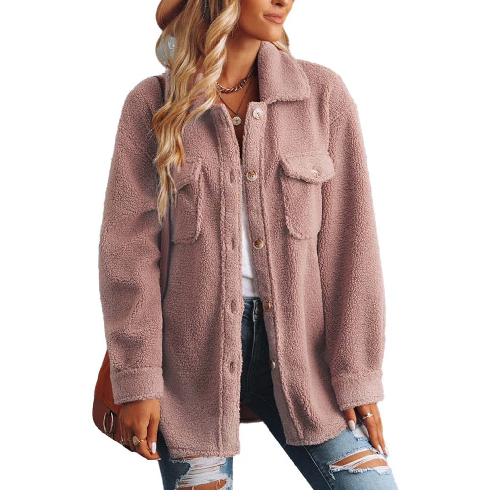 Jacket Coat Long Sleeve Lapel Pocket Button Pure Color Thick Casual Coat for Women Pink XL