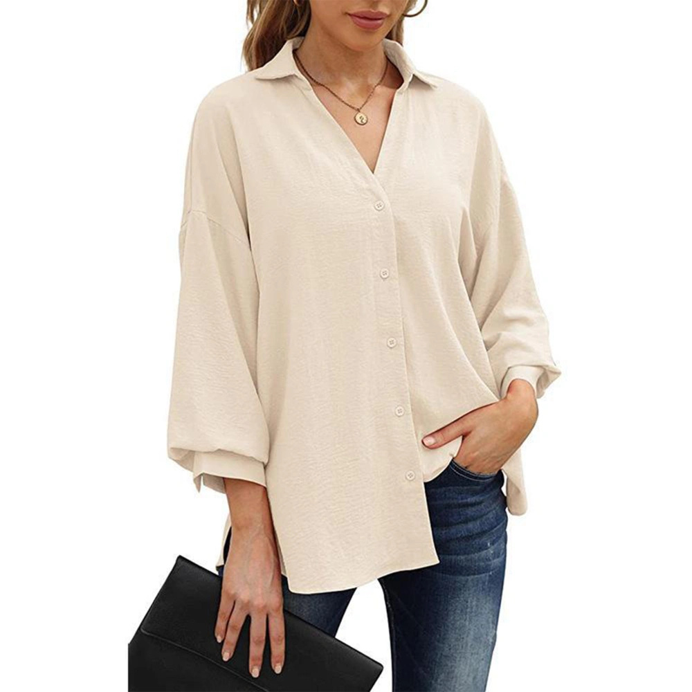 Women Button Down Shirt V Neck Pure Color Three Quarter Puff Sleeve Button Down V Neck Shirt for Women Apricot XL