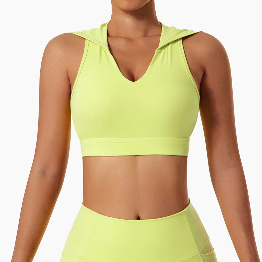 Hood Running Bra V Neck Fast Drying Sports Bra Shockproof Comfortable Workout Top for Women Lime Green M