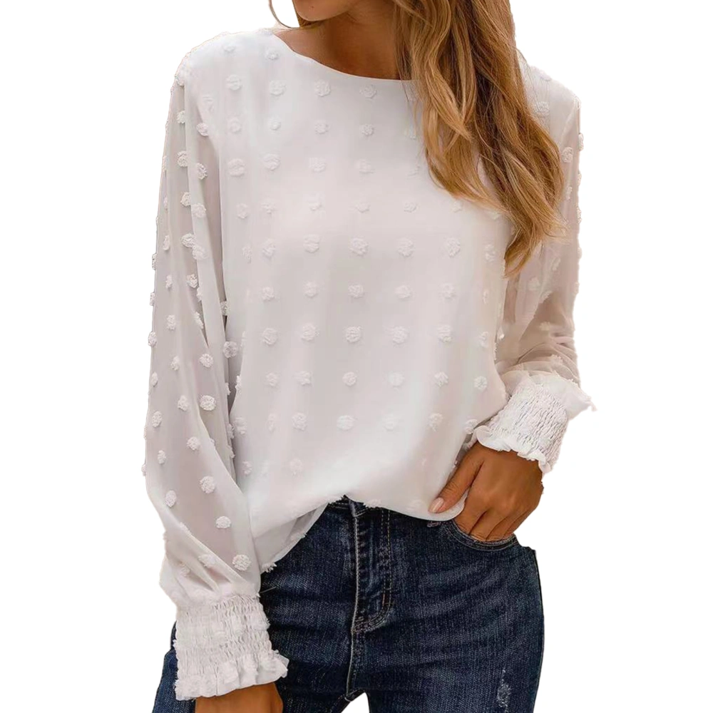 Women Long Sleeve Top Crew Neck Lantern Sleeve Chiffon Blouse for Office Home Work White S