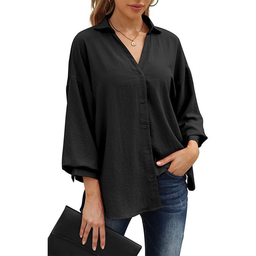 Women Button Down Shirt V Neck Pure Color Three Quarter Puff Sleeve Button Down V Neck Shirt for Women Black S