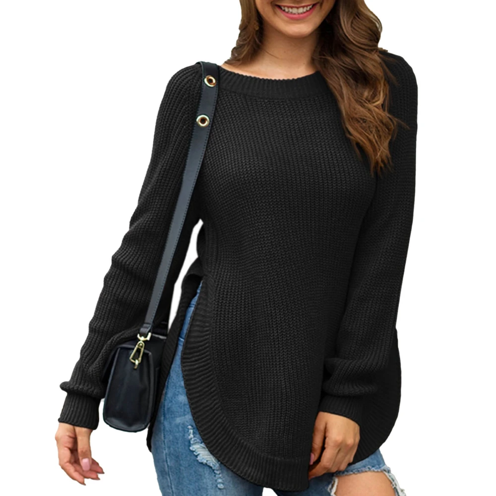 Women Knitted Sweater Long Sleeve Split Hem Crewneck Curved Hem Loose Fall Top for Winter Autumn Black M