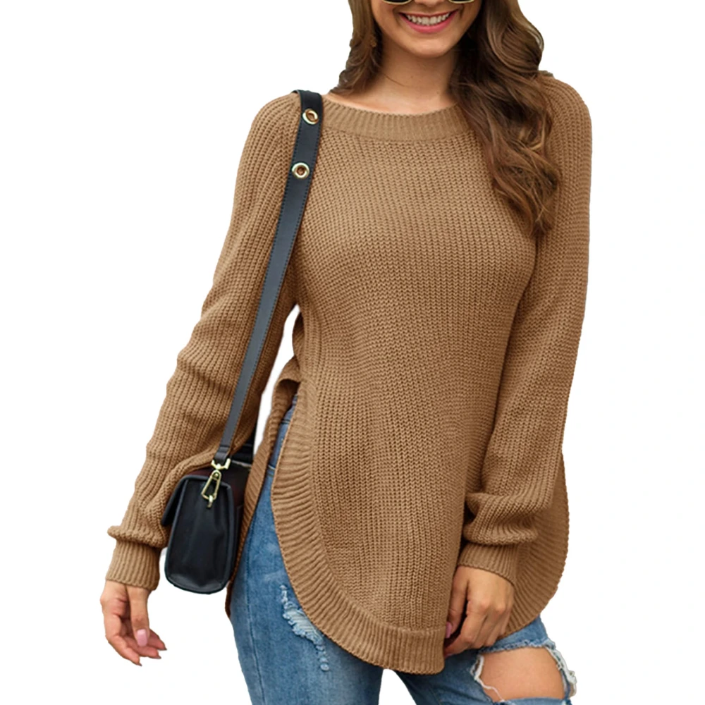 Women Knitted Sweater Long Sleeve Split Hem Crewneck Curved Hem Loose Fall Top for Winter Autumn Light Tan M