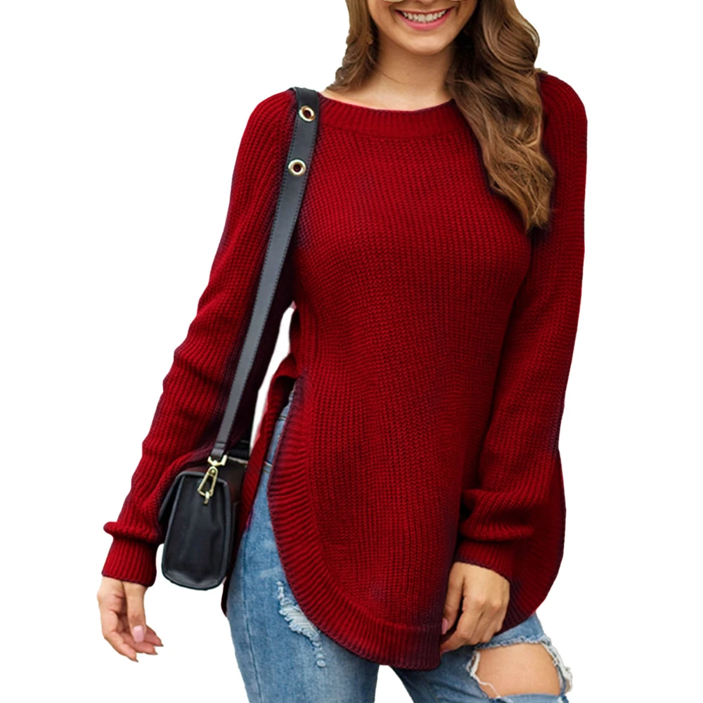 Women Knitted Sweater Long Sleeve Split Hem Crewneck Curved Hem Loose Fall Top for Winter Autumn Wine Red S