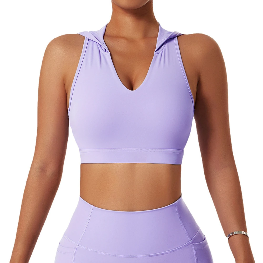 Hood Running Bra V Neck Fast Drying Sports Bra Shockproof Comfortable Workout Top for Women Lavender Purple XL