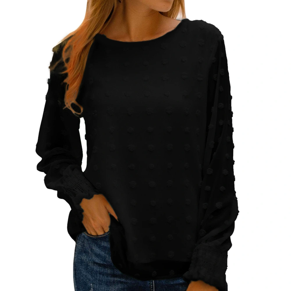 Women Long Sleeve Top Crew Neck Lantern Sleeve Chiffon Blouse for Office Home Work Black XL