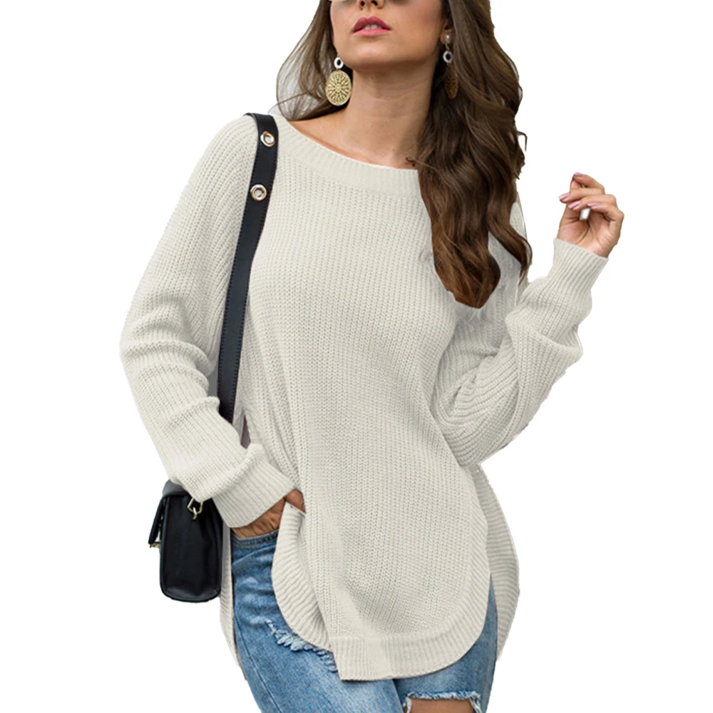 Women Knitted Sweater Long Sleeve Split Hem Crewneck Curved Hem Loose Fall Top for Winter Autumn White XL