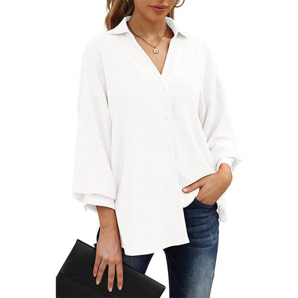 Women Button Down Shirt V Neck Pure Color Three Quarter Puff Sleeve Button Down V Neck Shirt for Women White XL