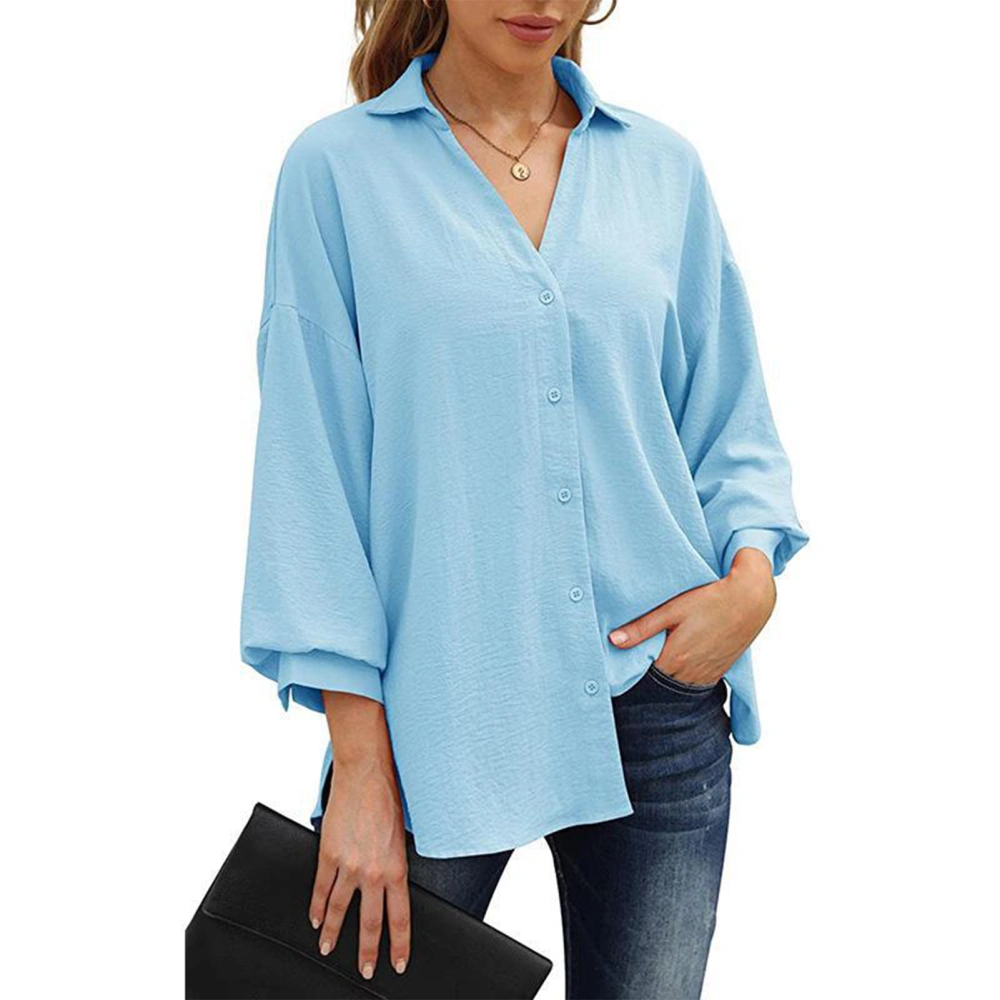 Women Button Down Shirt V Neck Pure Color Three Quarter Puff Sleeve Button Down V Neck Shirt for Women Sky Blue S