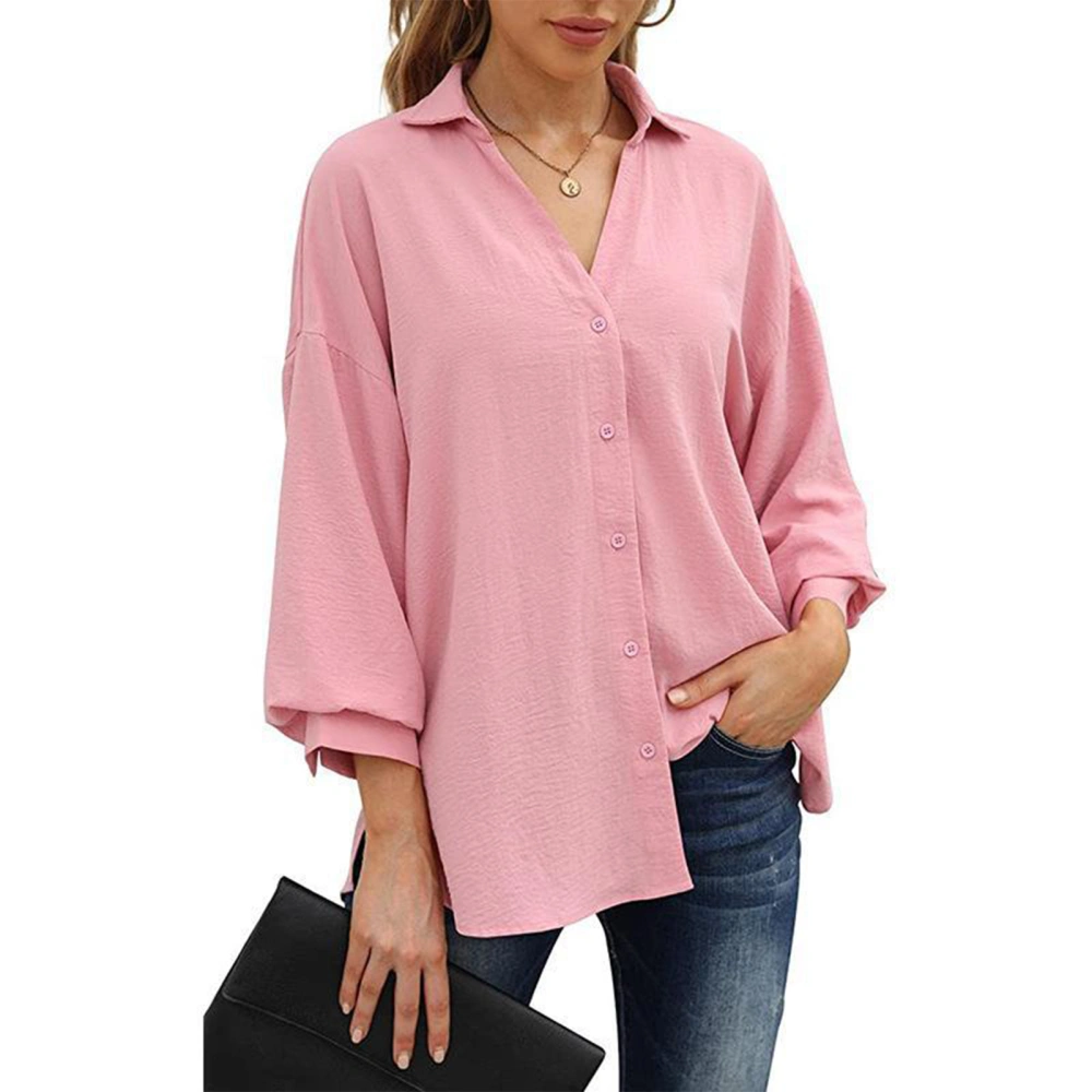 Women Button Down Shirt V Neck Pure Color Three Quarter Puff Sleeve Button Down V Neck Shirt for Women Pink S