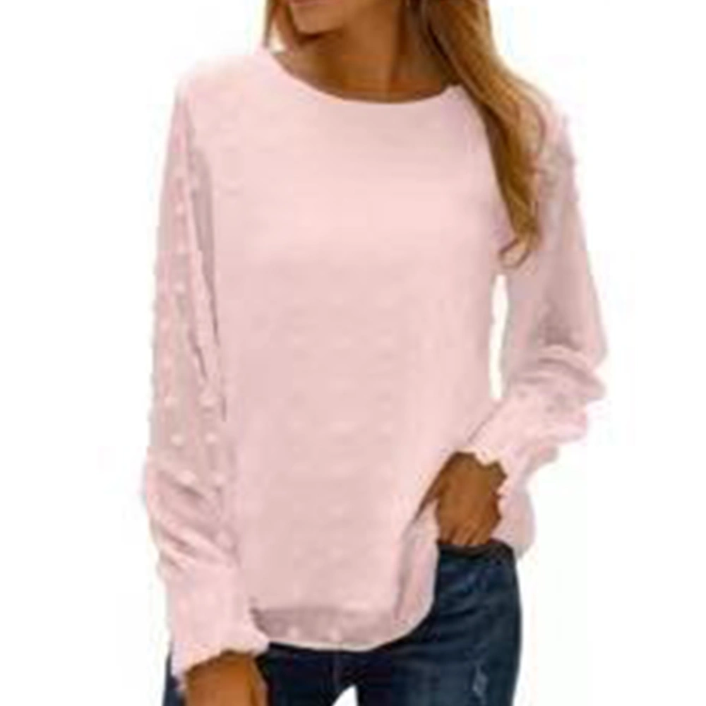 Women Long Sleeve Top Crew Neck Lantern Sleeve Chiffon Blouse for Office Home Work Pink M