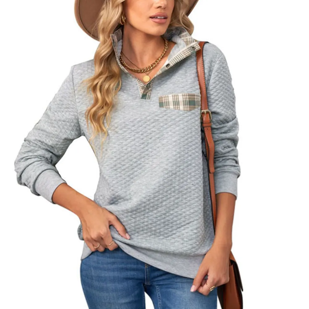 Long Sleeve Women Sweatshirt Button Lapel Collar Casual Pure Color Skin Friendly Breathable Female Blouse Gray XL