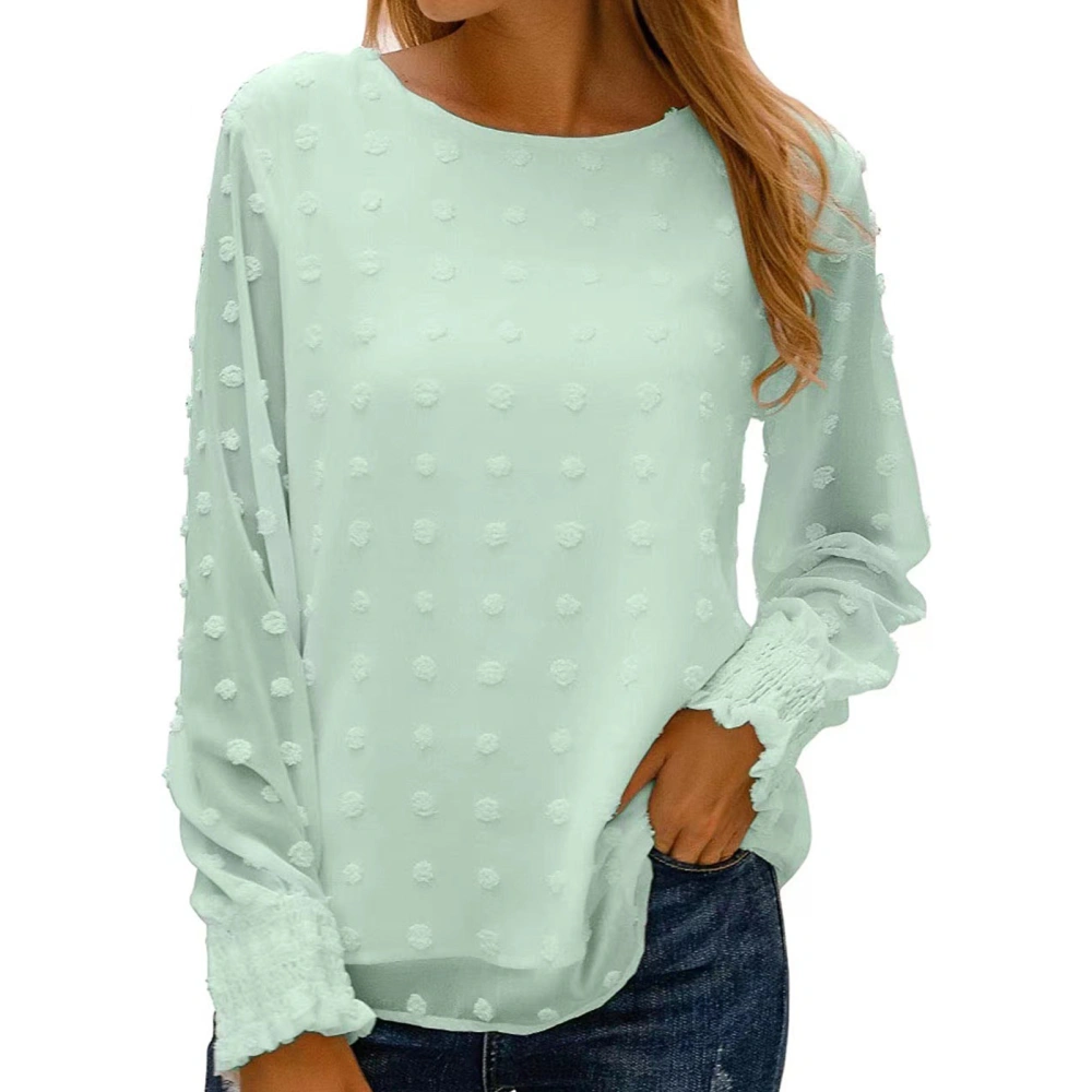 Women Long Sleeve Top Crew Neck Lantern Sleeve Chiffon Blouse for Office Home Work Green S