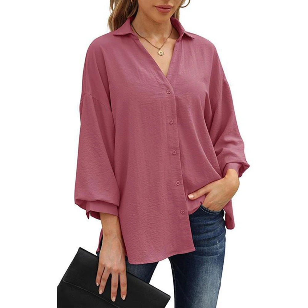 Women Button Down Shirt V Neck Pure Color Three Quarter Puff Sleeve Button Down V Neck Shirt for Women Purple Red L