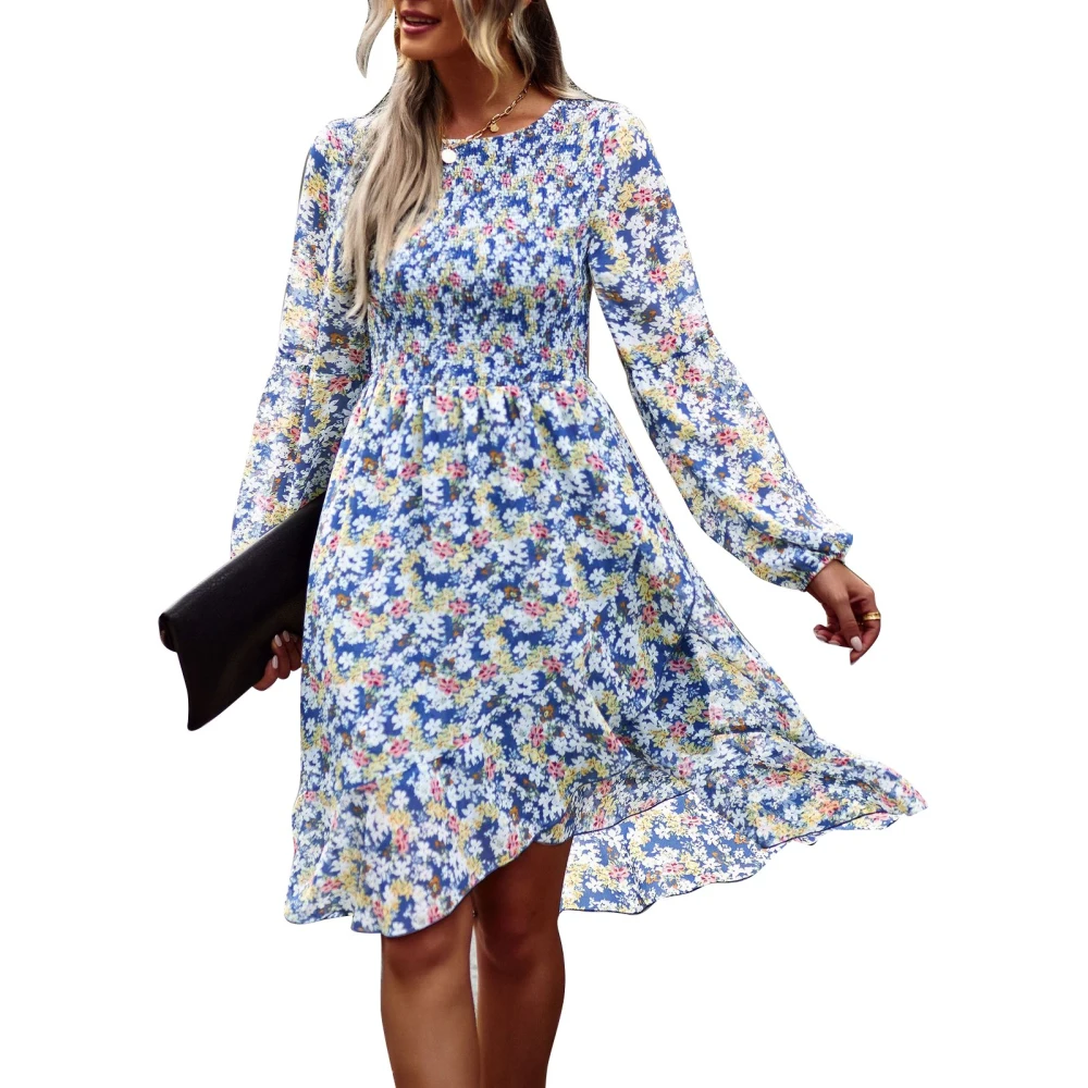 Long Sleeve Dress Women Round Neck Loose Dress Printing Mid Waist Ladies Elegant Casual Skirt Blue XL