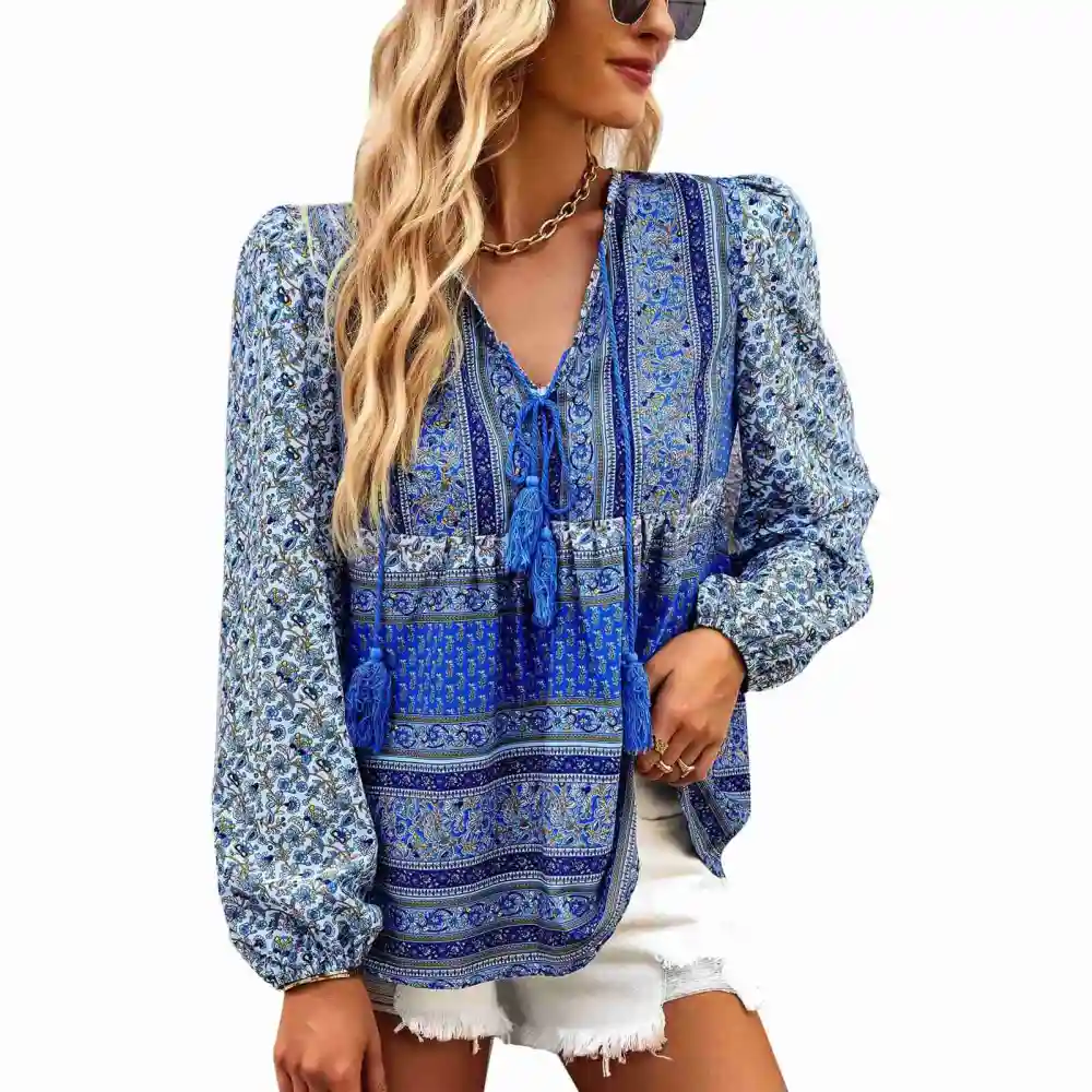 Women Floral Print V Neck Shirt Drawstring Long Sleeve Blouses Loose Fit Spring and Autumn Seasons Top for Vacation Leisure Blue M