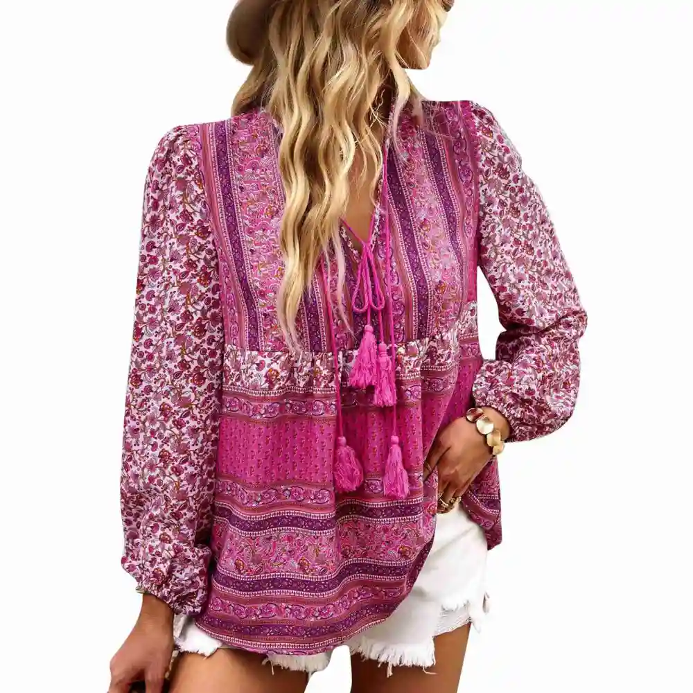 Women Floral Print V Neck Shirt Drawstring Long Sleeve Blouses Loose Fit Spring and Autumn Seasons Top for Vacation Leisure Pink XL