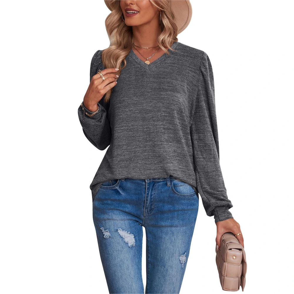 Womens Long Sleeve Shirt Puff Sleeve Long Sleeve V Neck Pure Color Womens Basic T Shirts for Women Dark Gray M