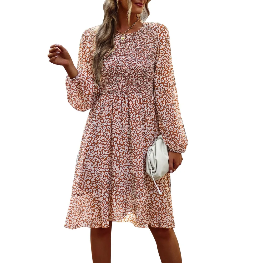 Long Sleeve Dress Women Round Neck Loose Dress Printing Mid Waist Ladies Elegant Casual Skirt Brown XL