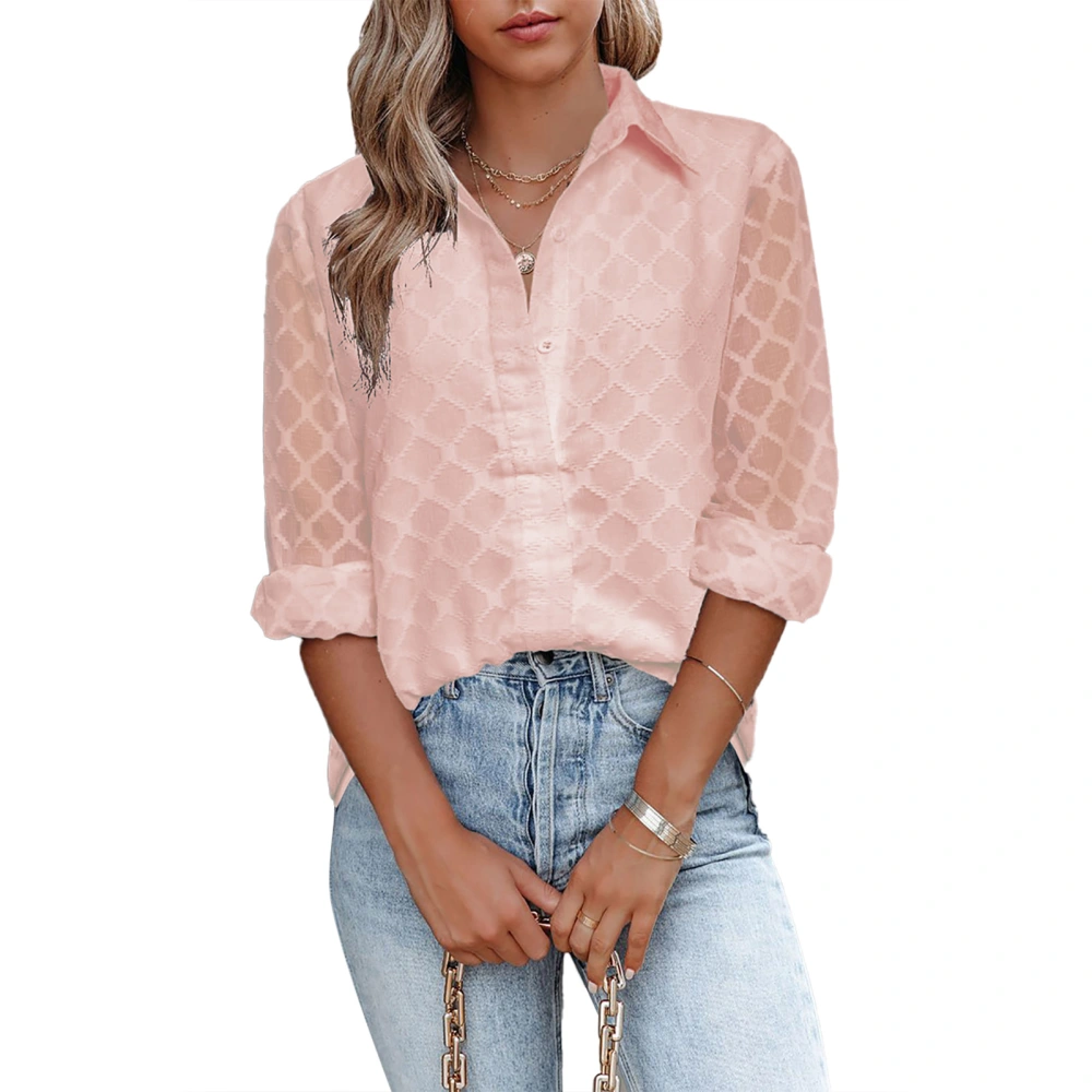 Women Top Long Sleeves Turn Down Collar Button Breathable Fashionable Loose Fit Blouse Pink 2XL