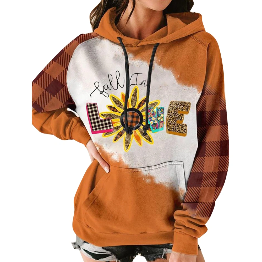 Drawstring Hoodies Polyester Long Sleeve Printing Autumn Winter Casual Top for Women Khaki L