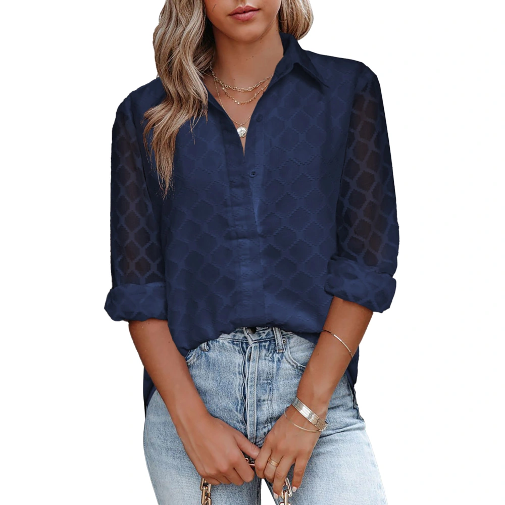 Women Top Long Sleeves Turn Down Collar Button Breathable Fashionable Loose Fit Blouse Dark Blue XL