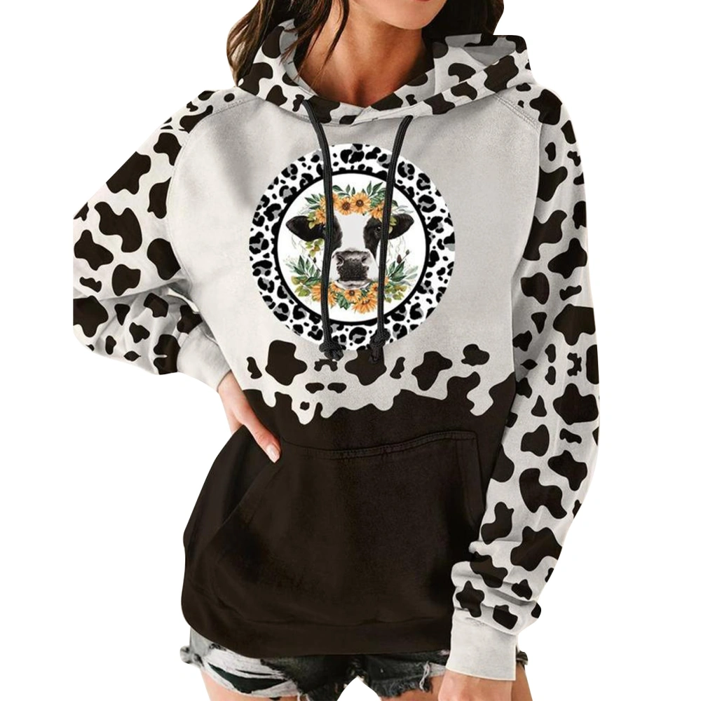 Drawstring Hoodies Polyester Long Sleeve Printing Autumn Winter Casual Top for Women Black XL