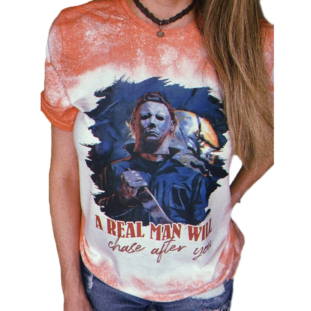 Halloween Horror Movie Printed T Shirt Women Casual Fashionable Crewneck Short Sleeve Tops for Shopping Orange S