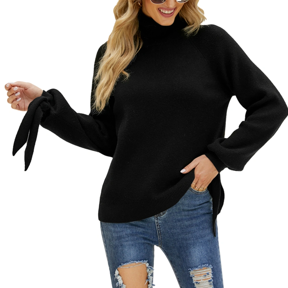 Women Knit Turtleneck Sweater Fashionable Lantern Long Sleeve Lacing Loose Women Casual Pullover for Autumn Winter Black M