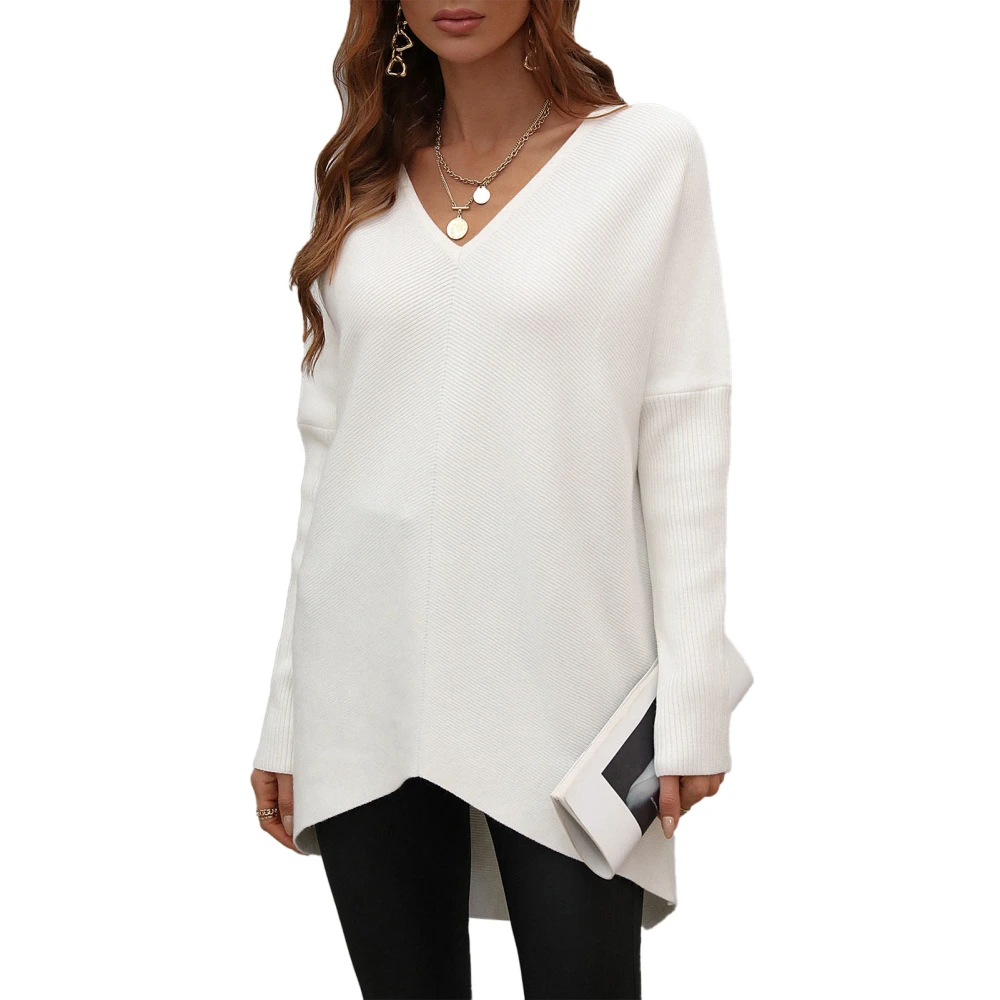 Women Knitted Sweater V Neck Drop Shoulder Backless Sleeves Pure Color Knitted Sweater Top for Commute White L