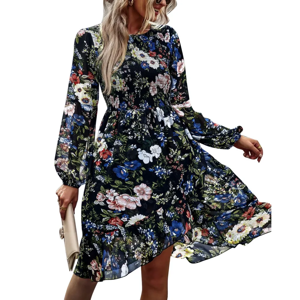 Long Sleeve Dress Women Round Neck Loose Dress Printing Mid Waist Ladies Elegant Casual Skirt Black S