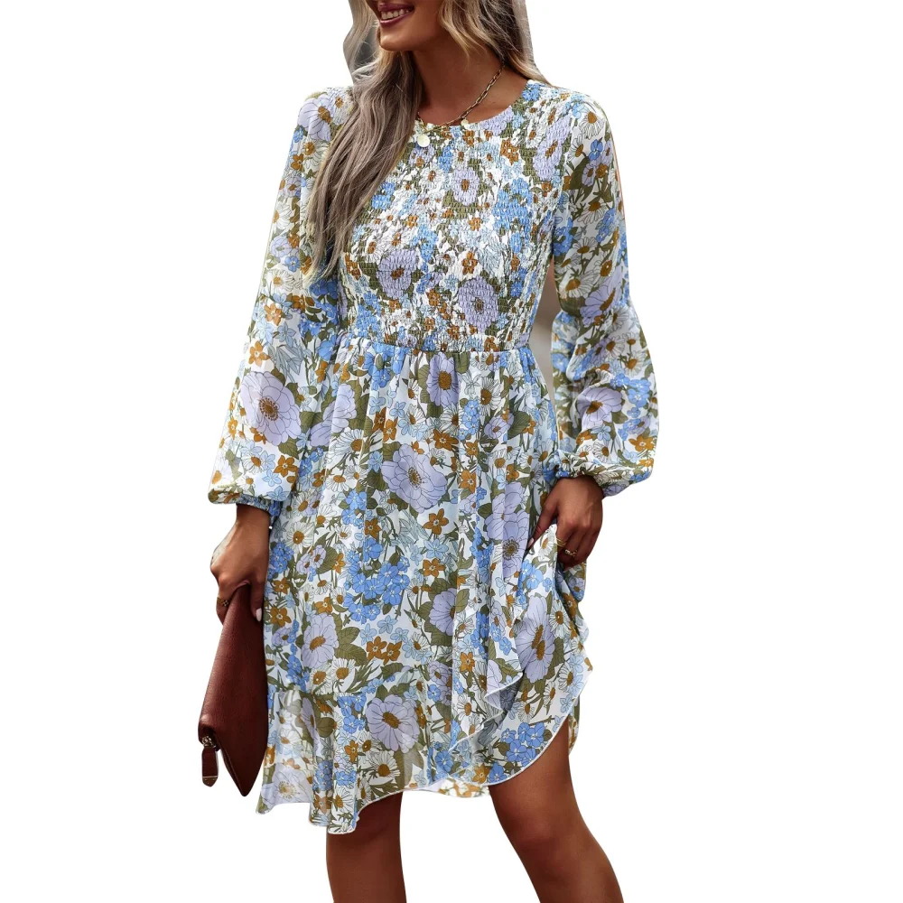 Long Sleeve Dress Women Round Neck Loose Dress Printing Mid Waist Ladies Elegant Casual Skirt White S