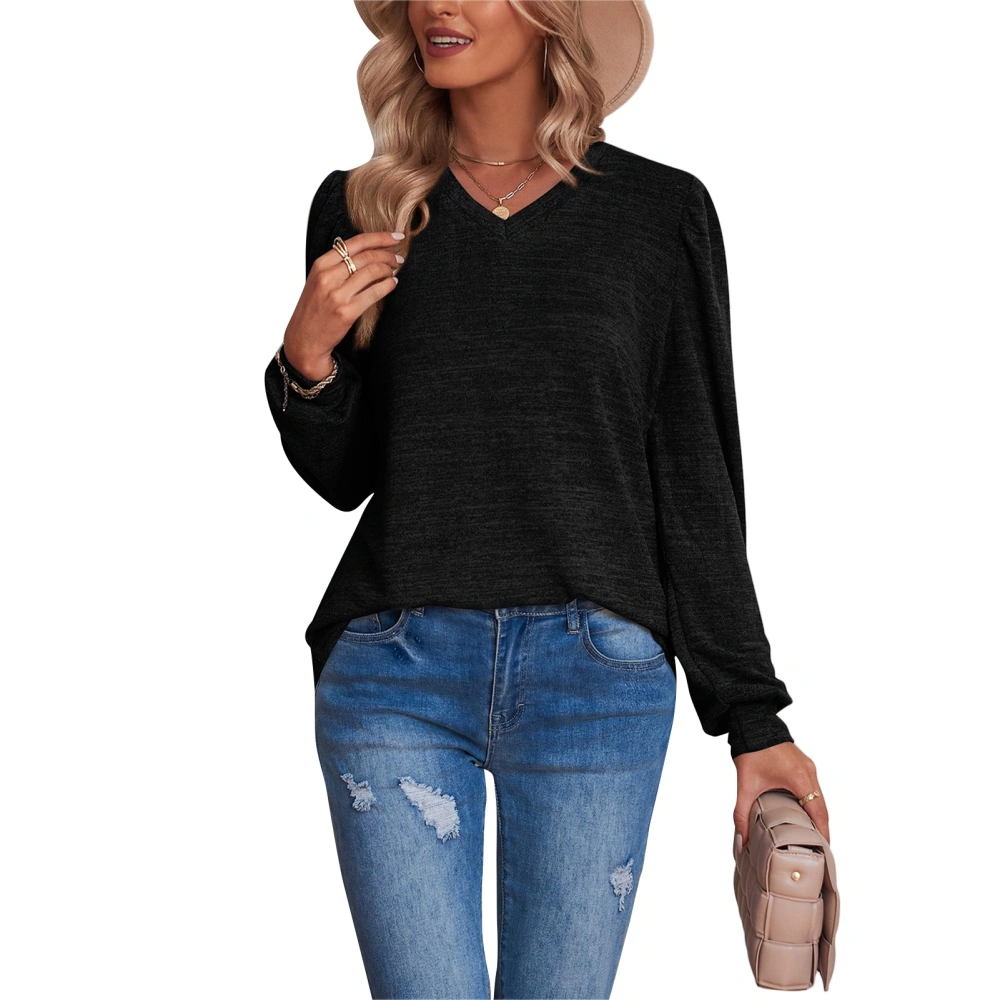 Womens Long Sleeve Shirt Puff Sleeve Long Sleeve V Neck Pure Color Womens Basic T Shirts for Women Black M