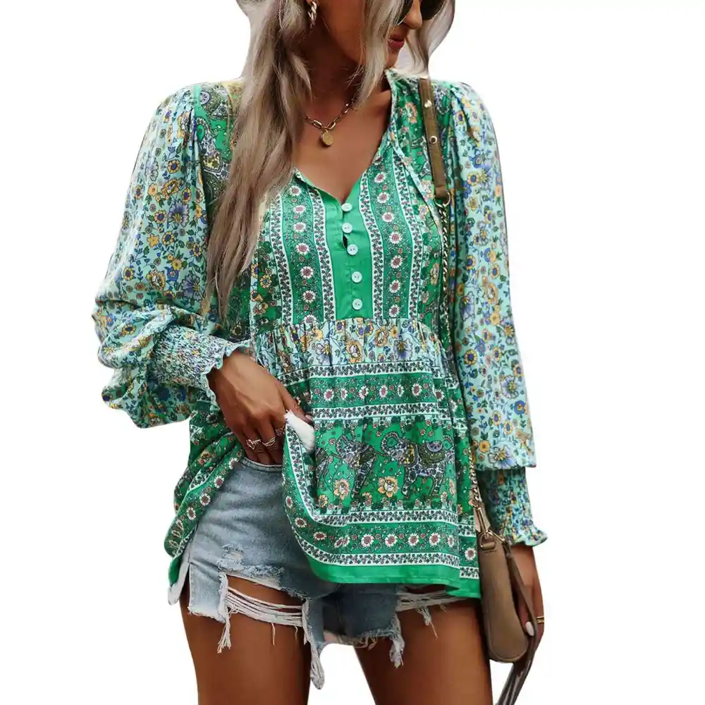 Blouse Long Sleeve Printed Pattern V Neck Button Elastic Cuffs Casual Fashionable Tops for Women Green S