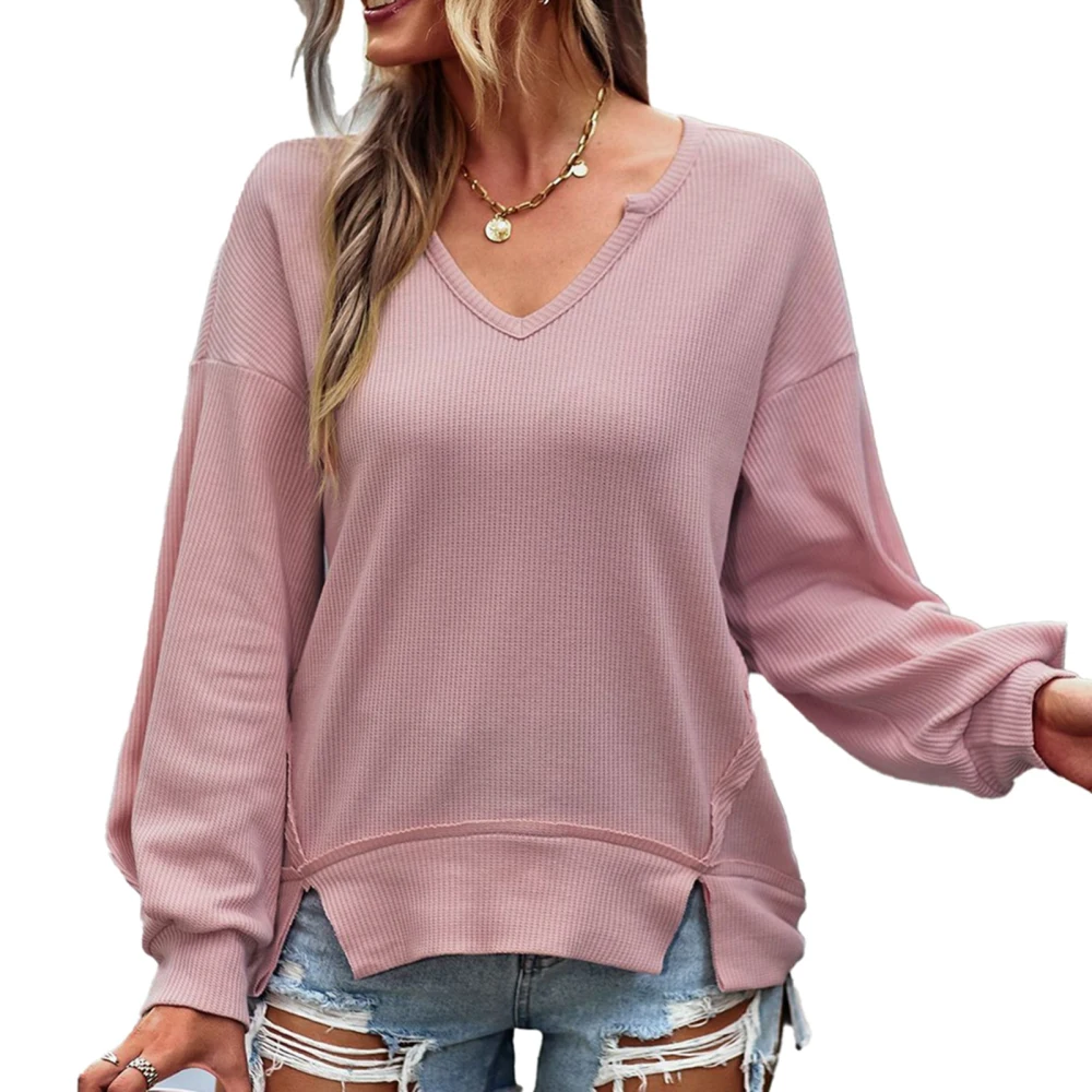 Women Blouse Polyester Fiber Cotton V Neck Long Dropped Shoulder Sleeve Pure Color Loose Casual Female T Shirt Pink S