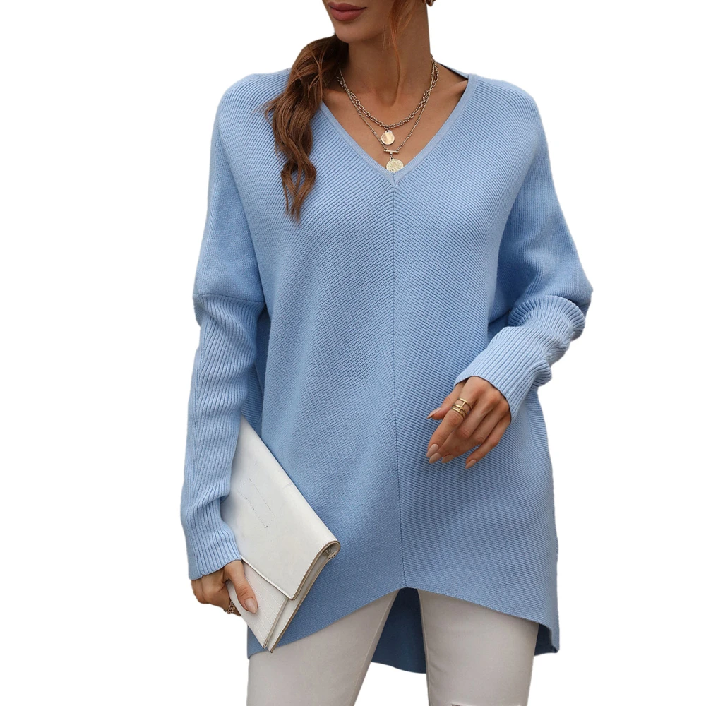 Women Knitted Sweater V Neck Drop Shoulder Backless Sleeves Pure Color Knitted Sweater Top for Commute Blue M