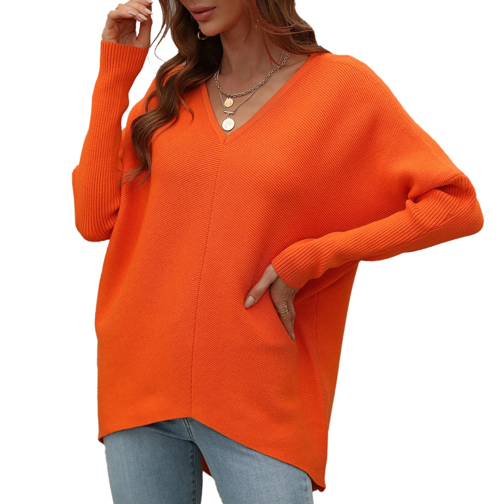 Women Knitted Sweater V Neck Drop Shoulder Backless Sleeves Pure Color Knitted Sweater Top for Commute Orange XL