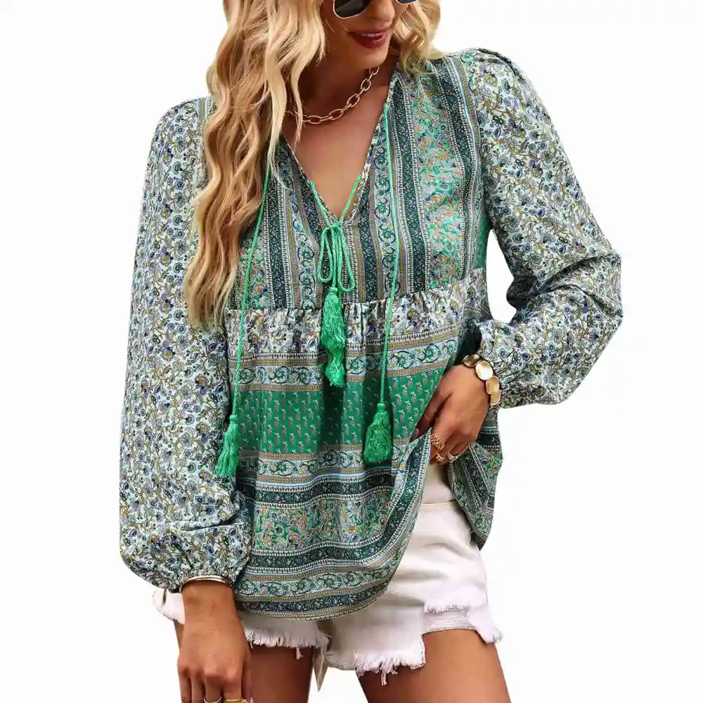 Women Floral Print V Neck Shirt Drawstring Long Sleeve Blouses Loose Fit Spring and Autumn Seasons Top for Vacation Leisure Green L