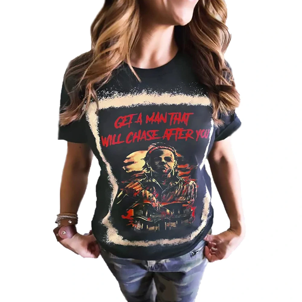 Halloween Horror Movie Printed T Shirt Women Casual Fashionable Crewneck Short Sleeve Tops for Shopping Black XL