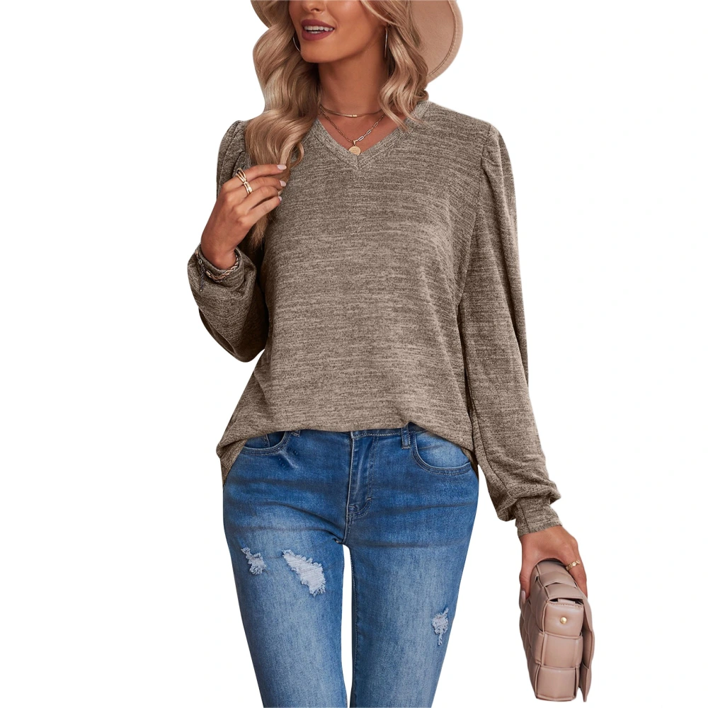 Womens Long Sleeve Shirt Puff Sleeve Long Sleeve V Neck Pure Color Womens Basic T Shirts for Women Khaki XXL