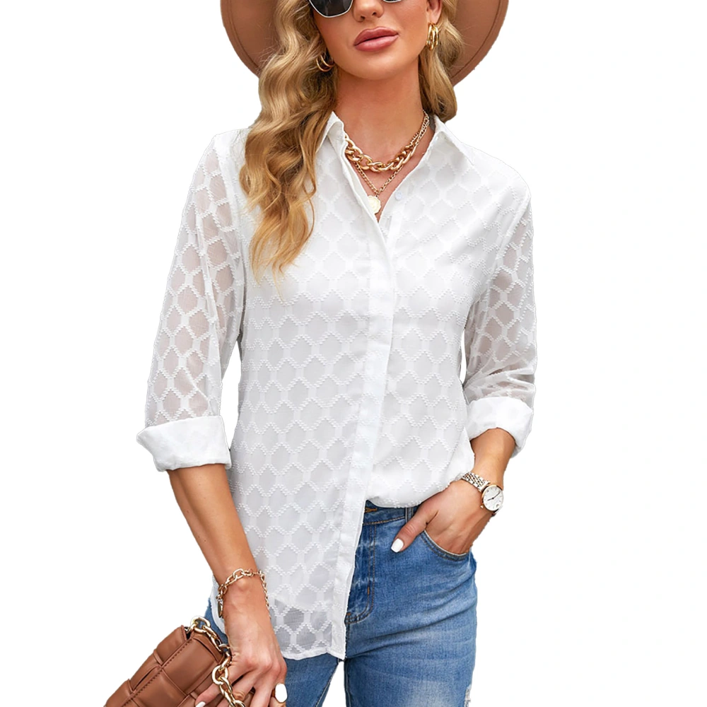 Women Top Long Sleeves Turn Down Collar Button Breathable Fashionable Loose Fit Blouse White L