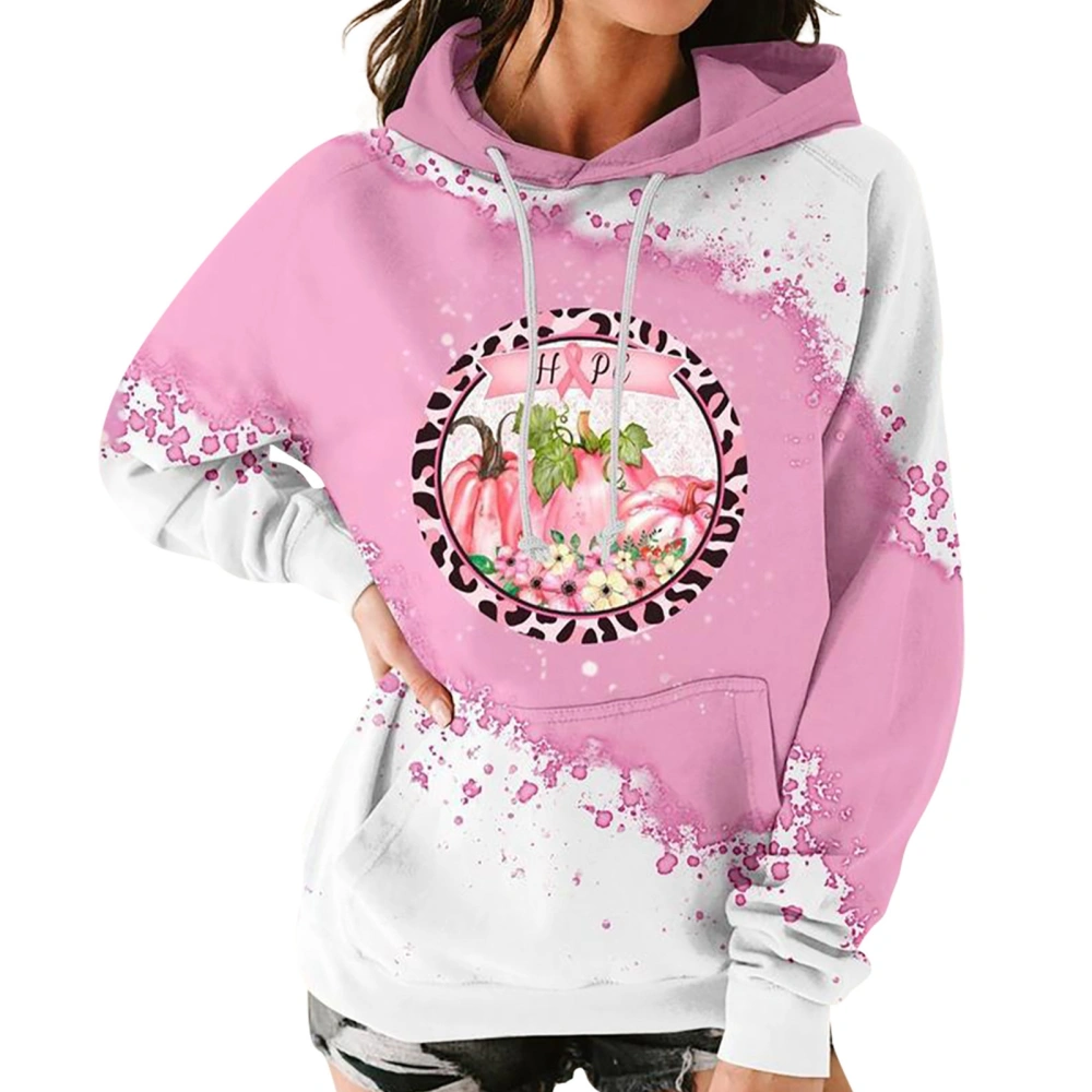 Drawstring Hoodies Polyester Long Sleeve Printing Autumn Winter Casual Top for Women Pink XXL