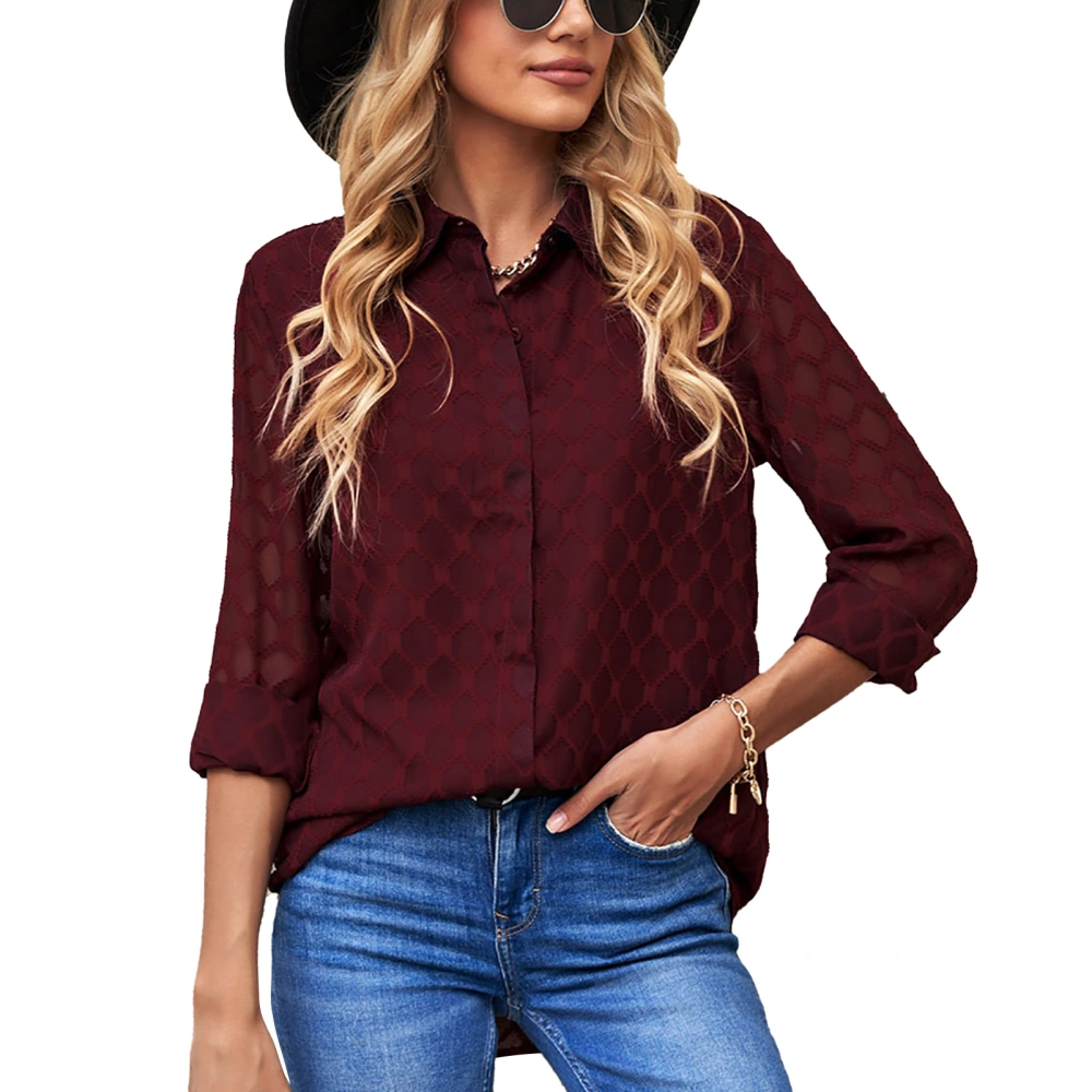 Women Top Long Sleeves Turn Down Collar Button Breathable Fashionable Loose Fit Blouse Red M