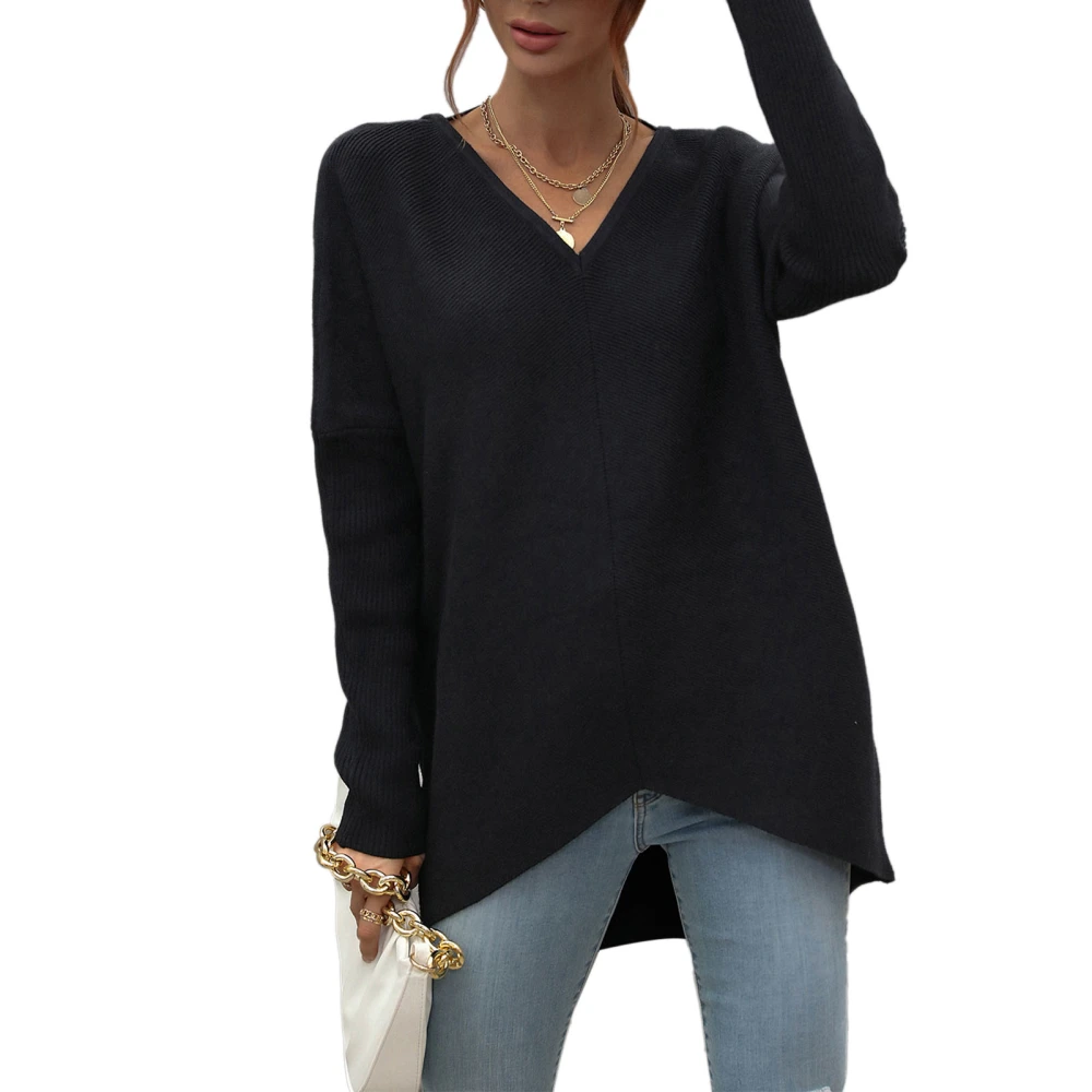 Women Knitted Sweater V Neck Drop Shoulder Backless Sleeves Pure Color Knitted Sweater Top for Commute Black XL