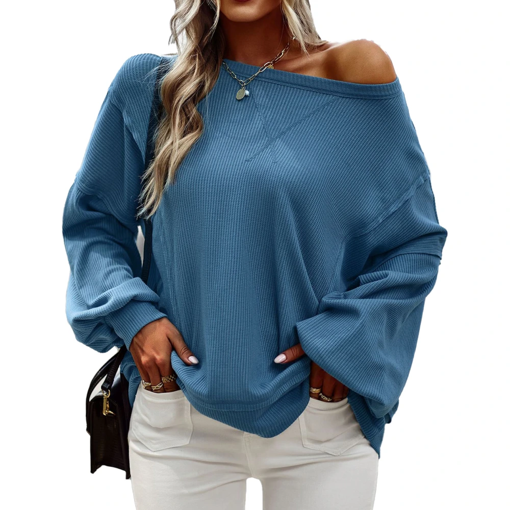 Women Crewneck Sweatshirt Fashionable Casual Loose Fitting Lantern Sleeve Patchwork Women Pullover Tops for Fall Winter Blue L